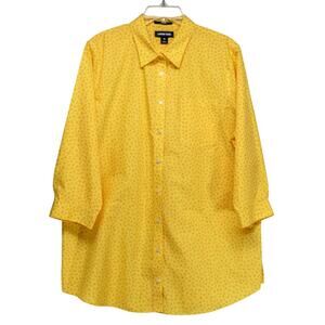 Women's Size 18 Blouse LANDS END Yellow Tunic Button Up Cotton Shirt 3/4 Sleeves